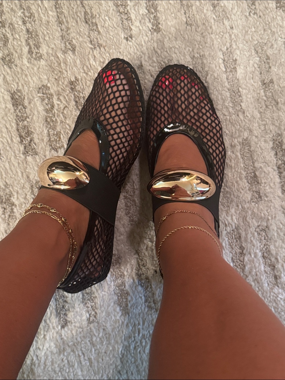 Black Mesh Mary Jane Flats with Gold Oval Accent